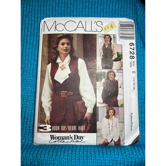 McCalls pattern 6728 button up shirt vest ascot size 14 16 18 - Picture 1 of 6